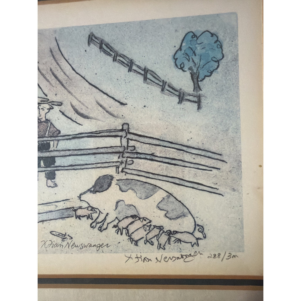Vintage Xtian Newswanger Amishfolk Feeding Pigs Signed Numbered Limited Edition
