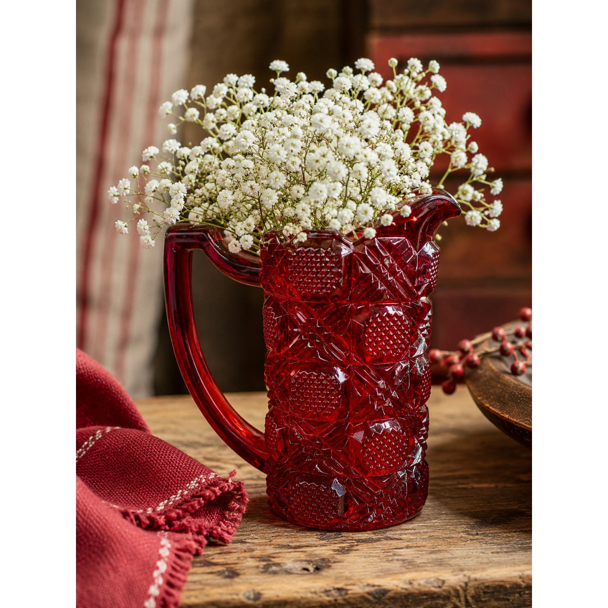 Vintage Ruby Red Pressed Glass Creamer Pitcher 4 Inch Bud Vase Cottage Decor – main view