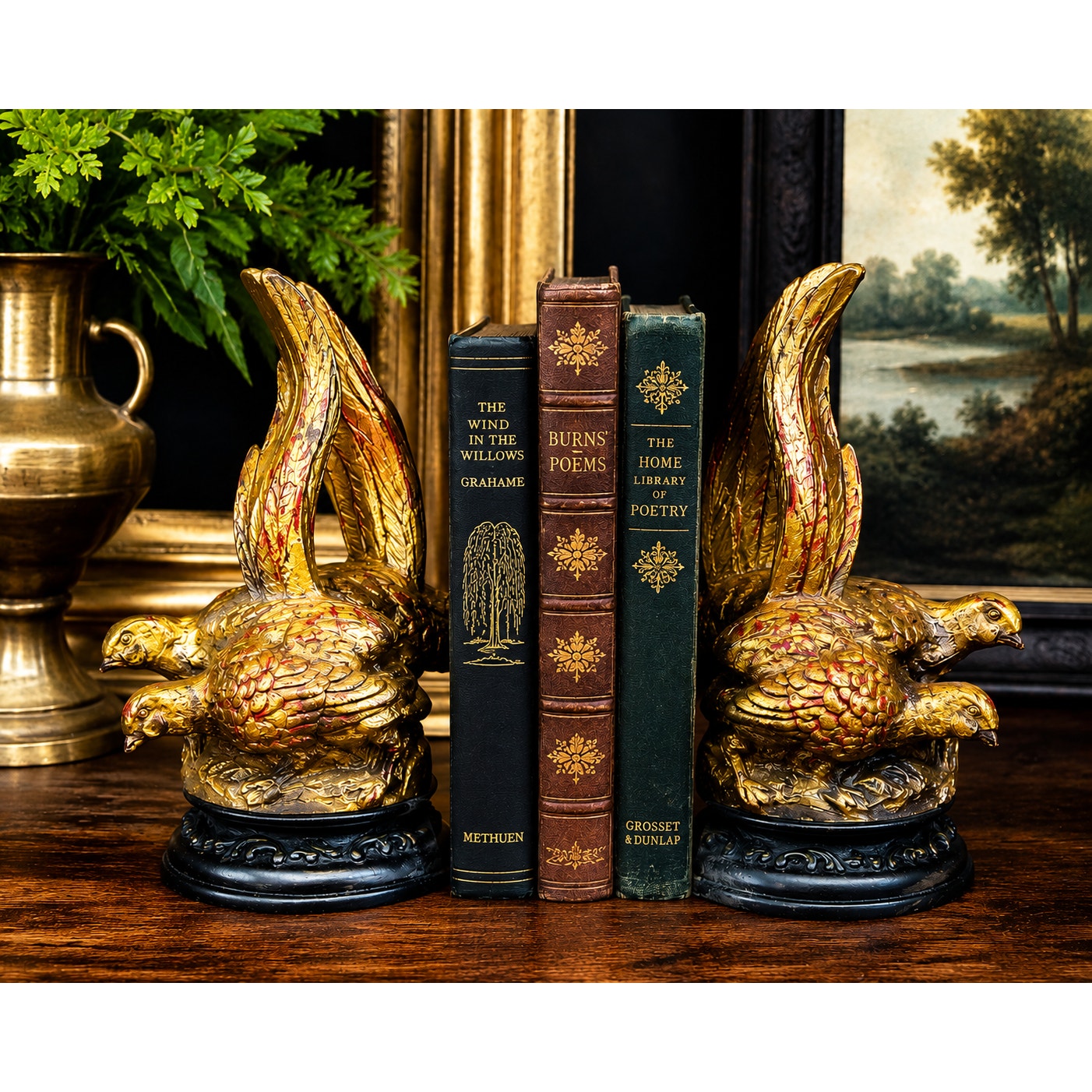 Vintage Gold Quail Bird Bookends Pair Resin Faux Gilt Library Office Decor