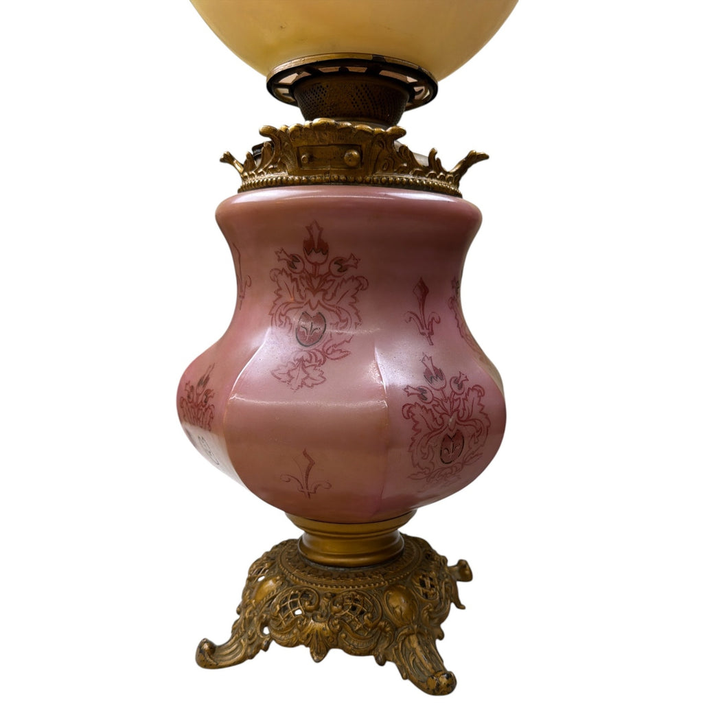 Antique Banquet Oil Lamp Pink Satin Glass Success Burner Floral Globe