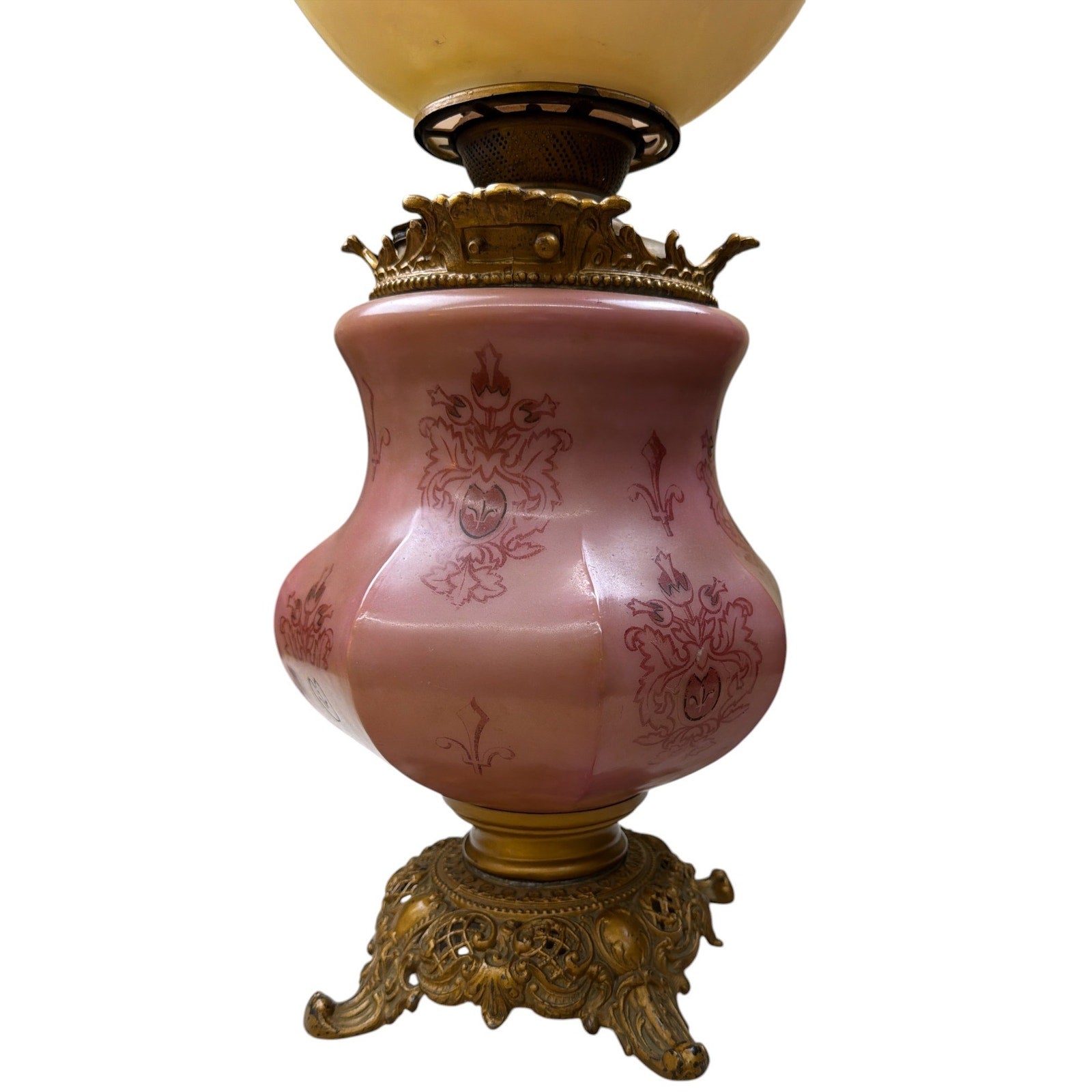 Antique Banquet Oil Lamp Pink Satin Glass Success Burner Floral Globe