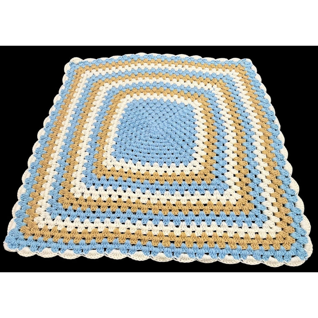 Vintage Crochet Baby Blanket Bluebird & Honey Blue Tan Ivory 36" Square