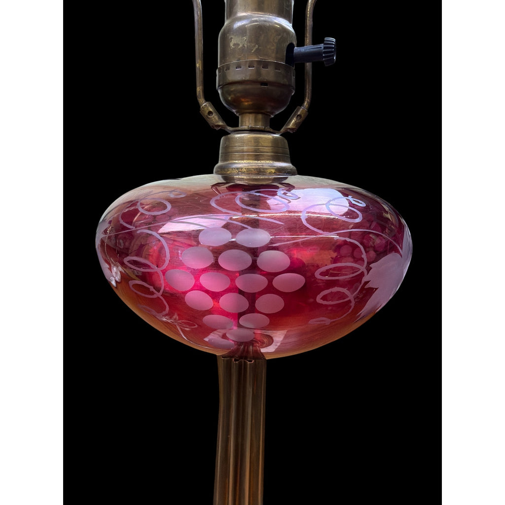Antique Cranberry Glass Victorian Table Lamp Etched Brass Marble Base
