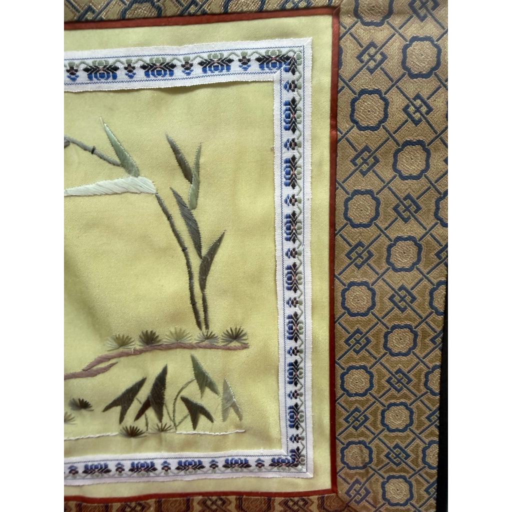 Vintage Chinese Hand Embroidered Silk Art Birds Brocade Framed 16 x 15