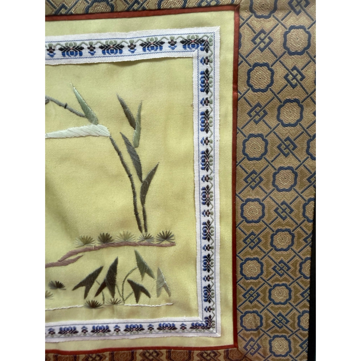 Vintage Chinese Hand Embroidered Silk Art Birds Brocade Framed 16 x 15