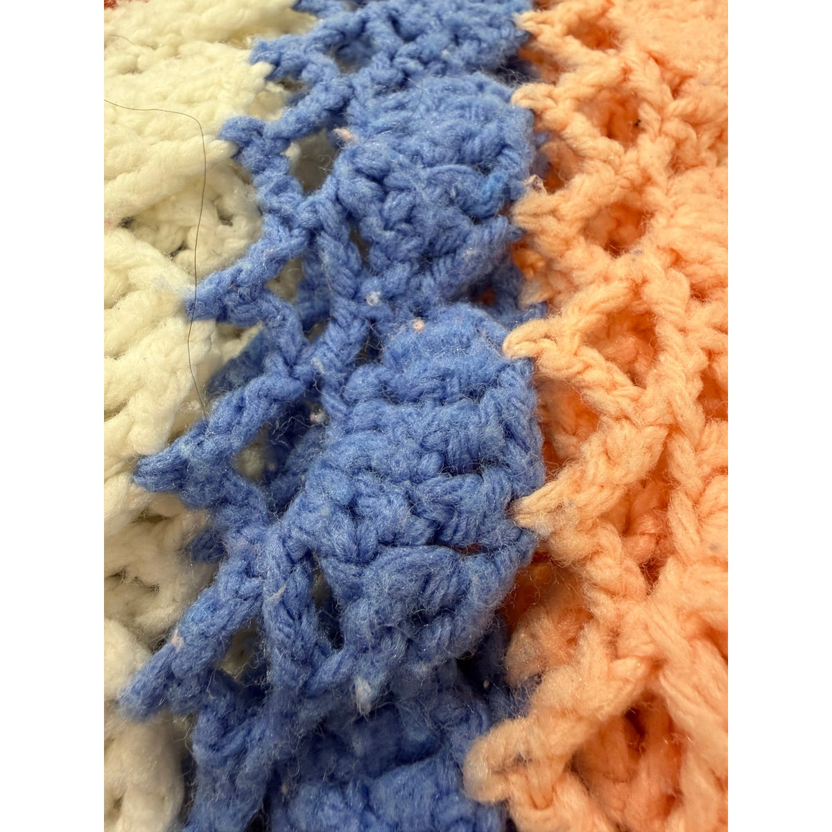Vintage Crochet Lap Blanket Peach Blue Cream Handmade Afghan 25 x 60 – additional view 4