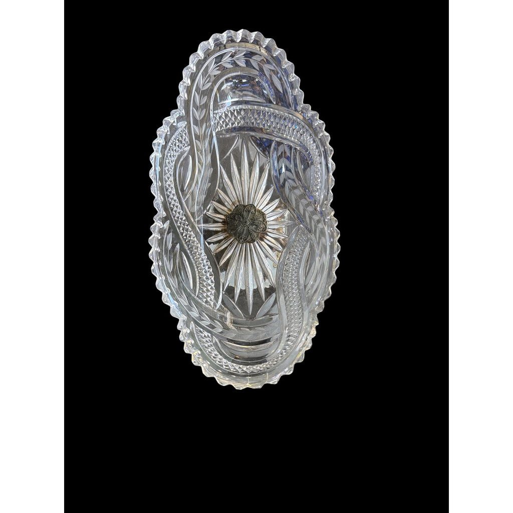 Antique Cut Crystal Centerpiece Bowl with Brass Marble Pedestal and Prisms