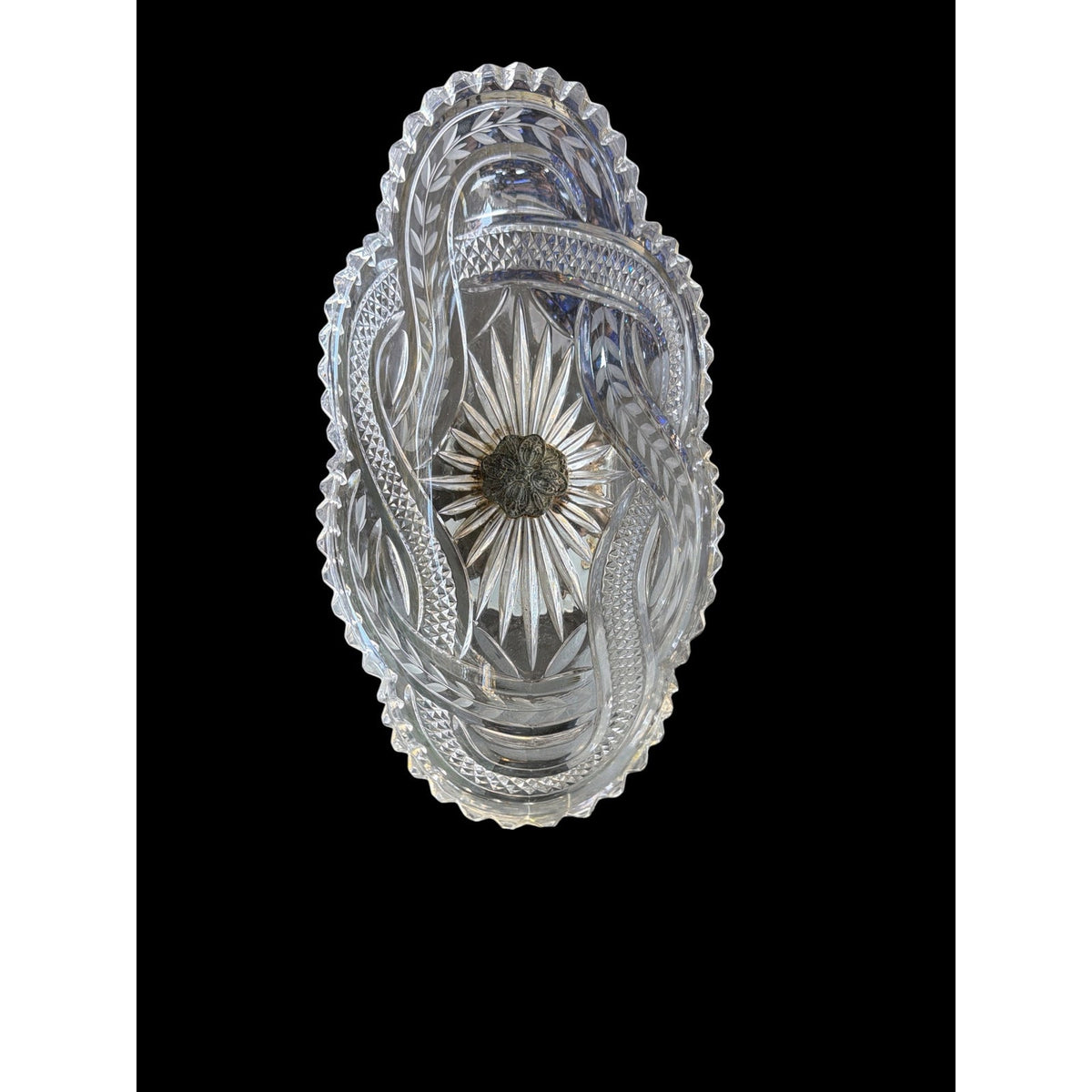 Antique Cut Crystal Centerpiece Bowl with Brass Marble Pedestal and Prisms