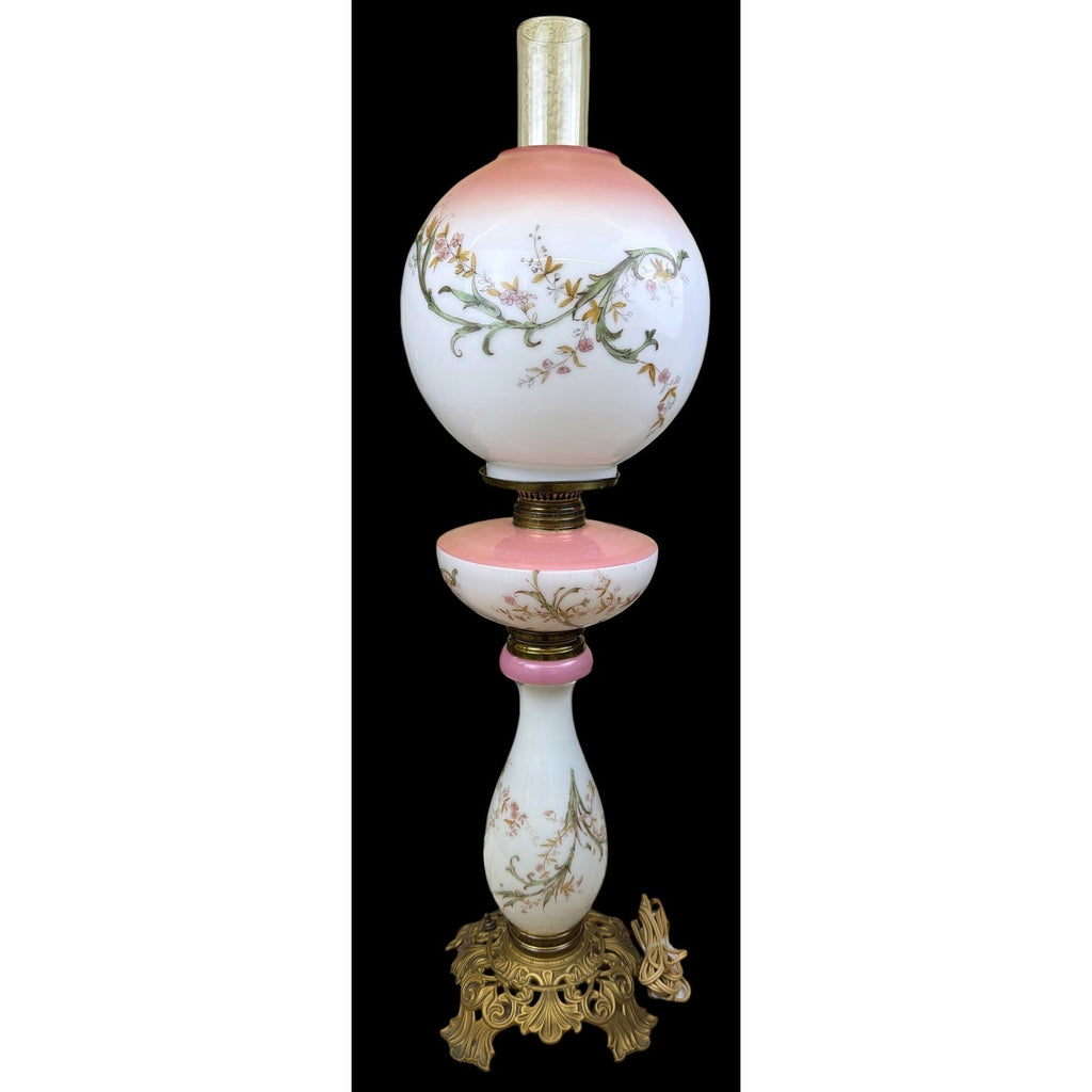 Antique Victorian 31" Banquet Lamp Hand Painted Pink Opal Glass Electric