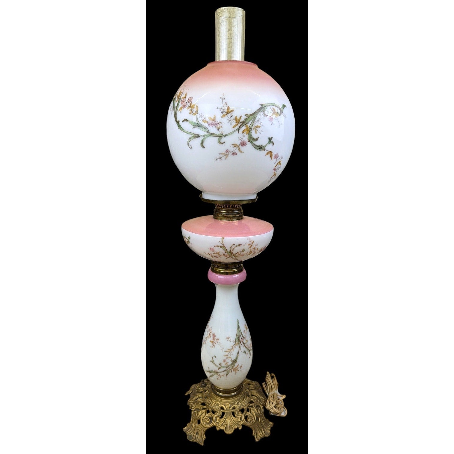 Antique Victorian 31" Banquet Lamp Hand Painted Pink Opal Glass Electric