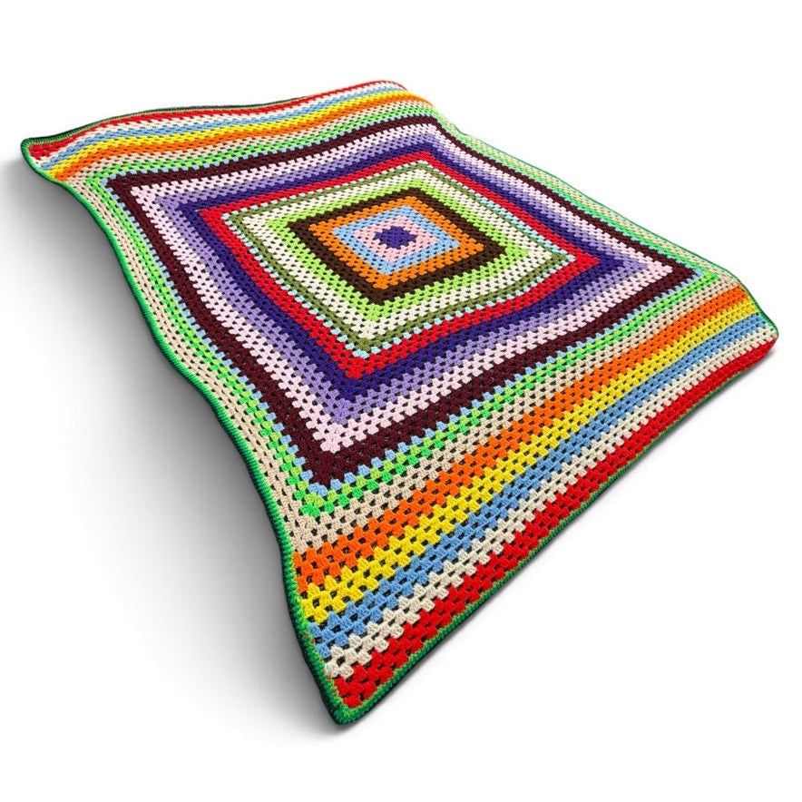 Vintage Crochet Afghan Blanket Technicolor Granny Square 60 x 76 Twin