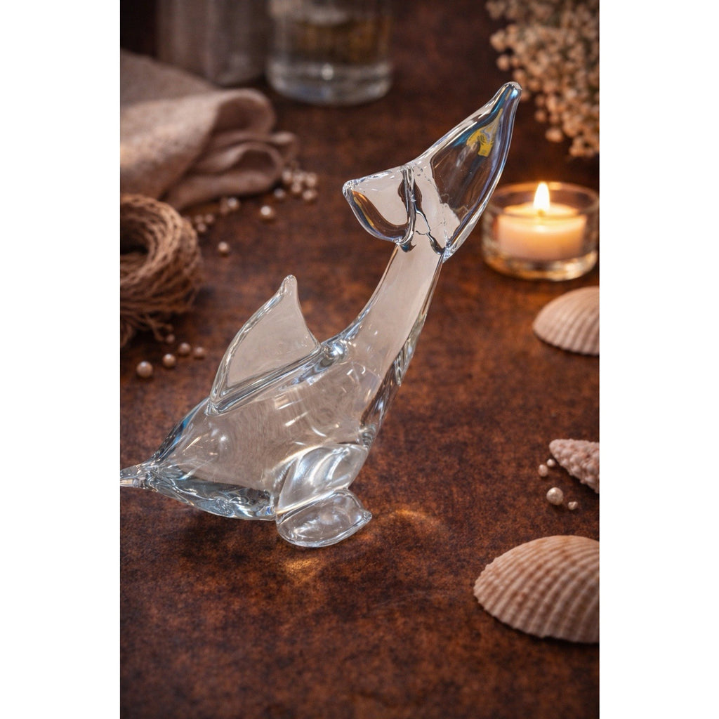 Vintage Clear Art Glass Dolphin Paperweight 6” Sculptural Heavy MCM