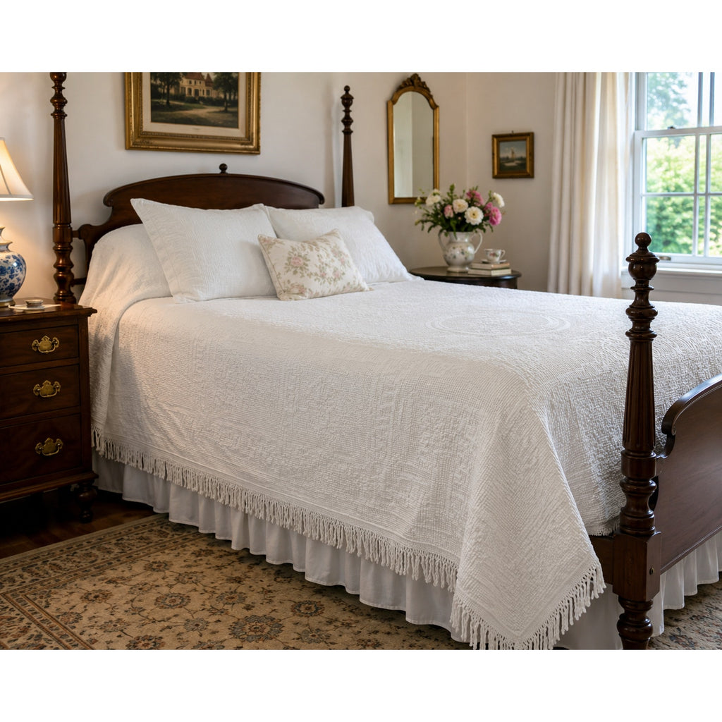 Vintage White Candlewick Bedspread Floral Medallion Fringe Queen 95 x 108 – main view