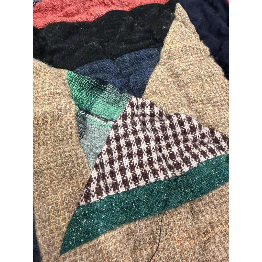 Antique Hand Pieced Wool Quilt: Primitive Folk Art Textile, Flannel Backing (77x64)