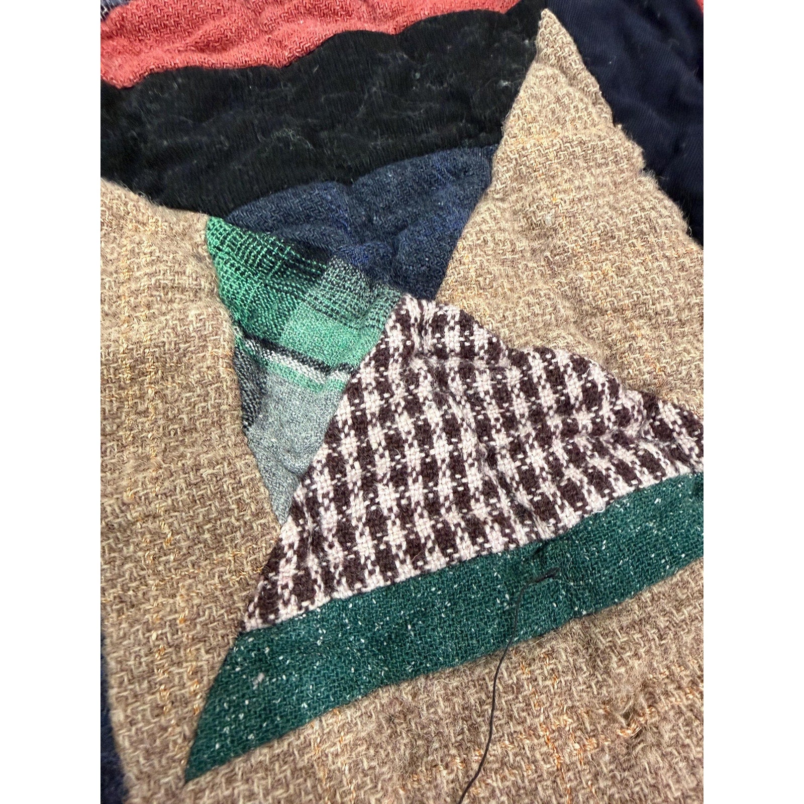 Antique Hand Pieced Wool Quilt: Primitive Folk Art Textile, Flannel Backing (77x64)