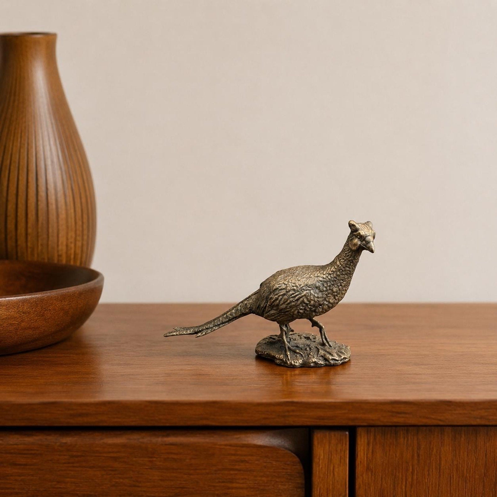 Vintage Bronze Pheasant Figurine, Detailed Wildlife Sculpture, MCM Lodge Decor