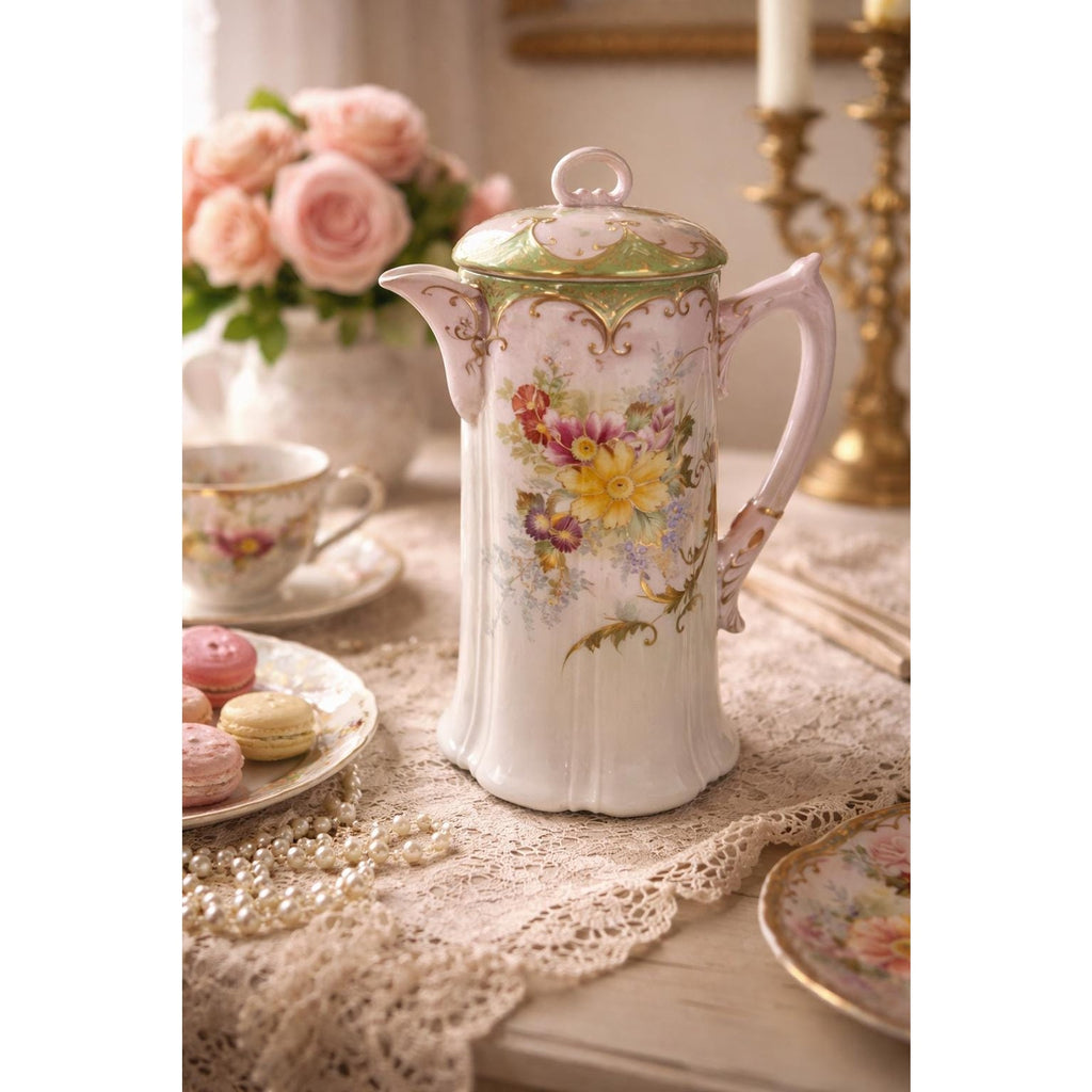 Antique Art Nouveau Chocolate Pot Hand Painted Porcelain Floral Gold Gilt 1900s