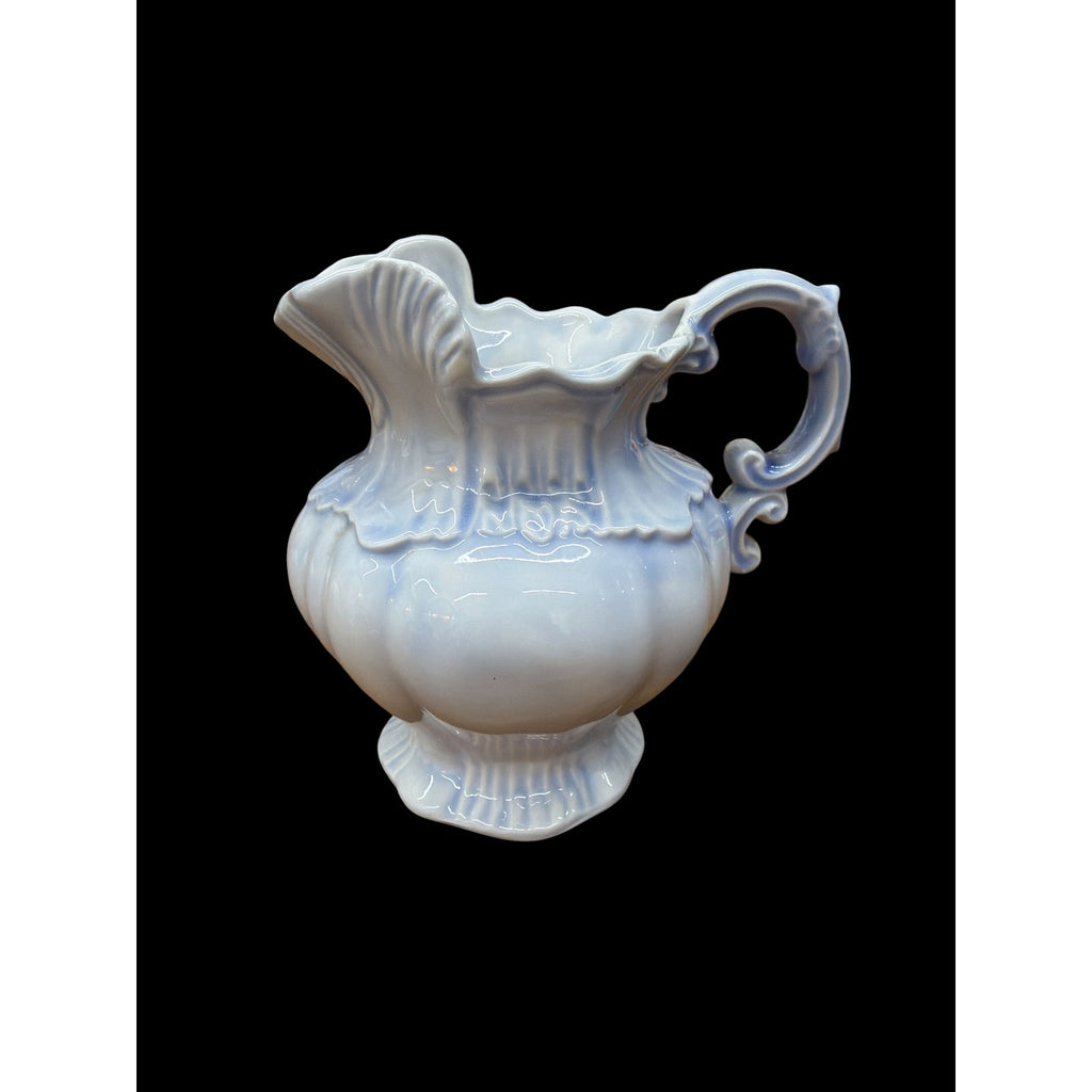 Vintage Blue White Ceramic Pitcher 6 Inch Scalloped Cottage Vase