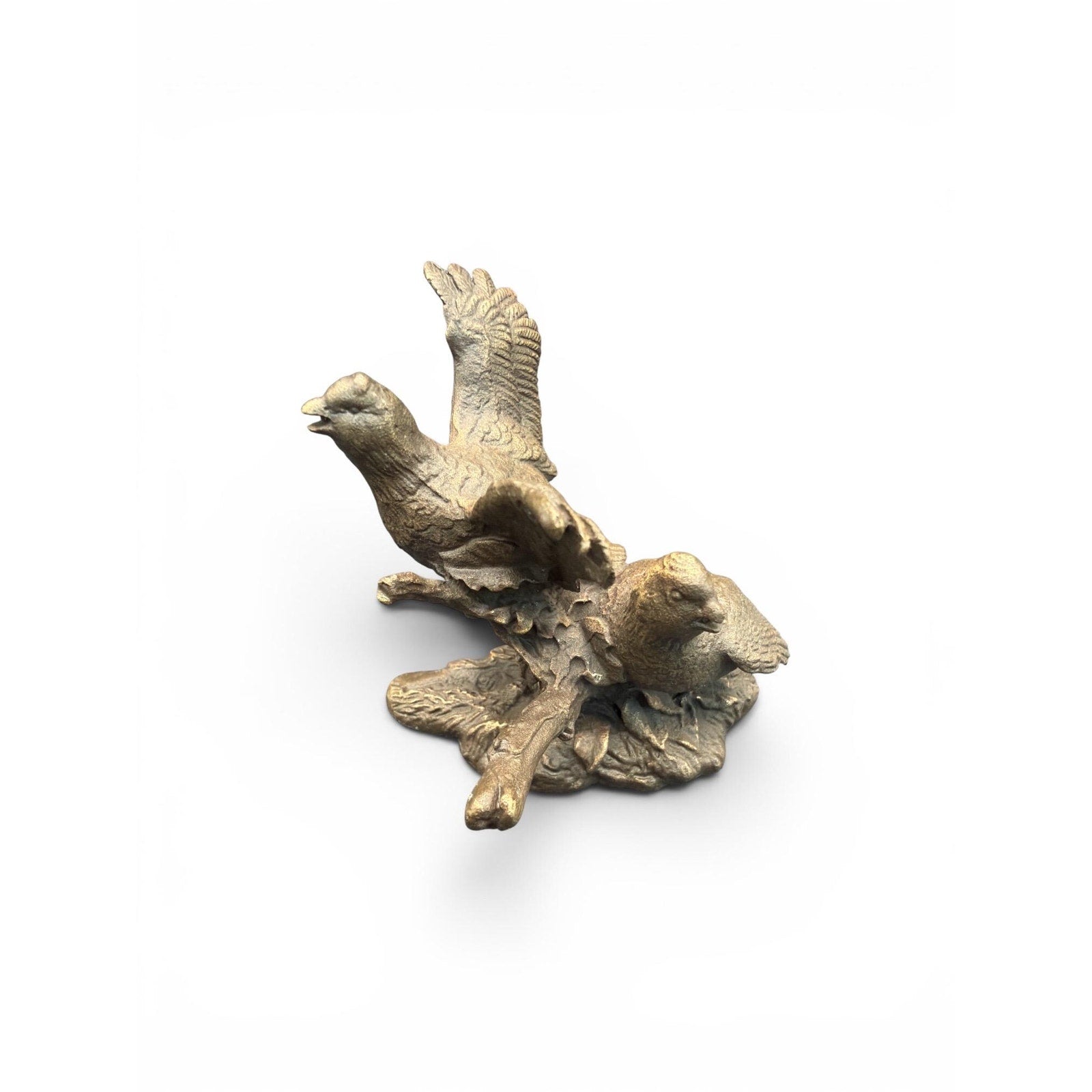 Vintage Brass Tone Bird Figurine Pair, Woodland Sculpture, Mid Century Style