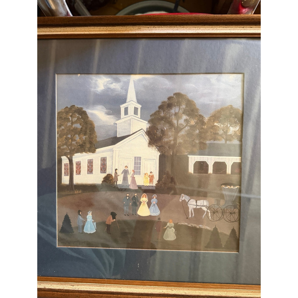 Jean Colquhoun Folk Art Wedding Church Horse Carriage Framed Americana