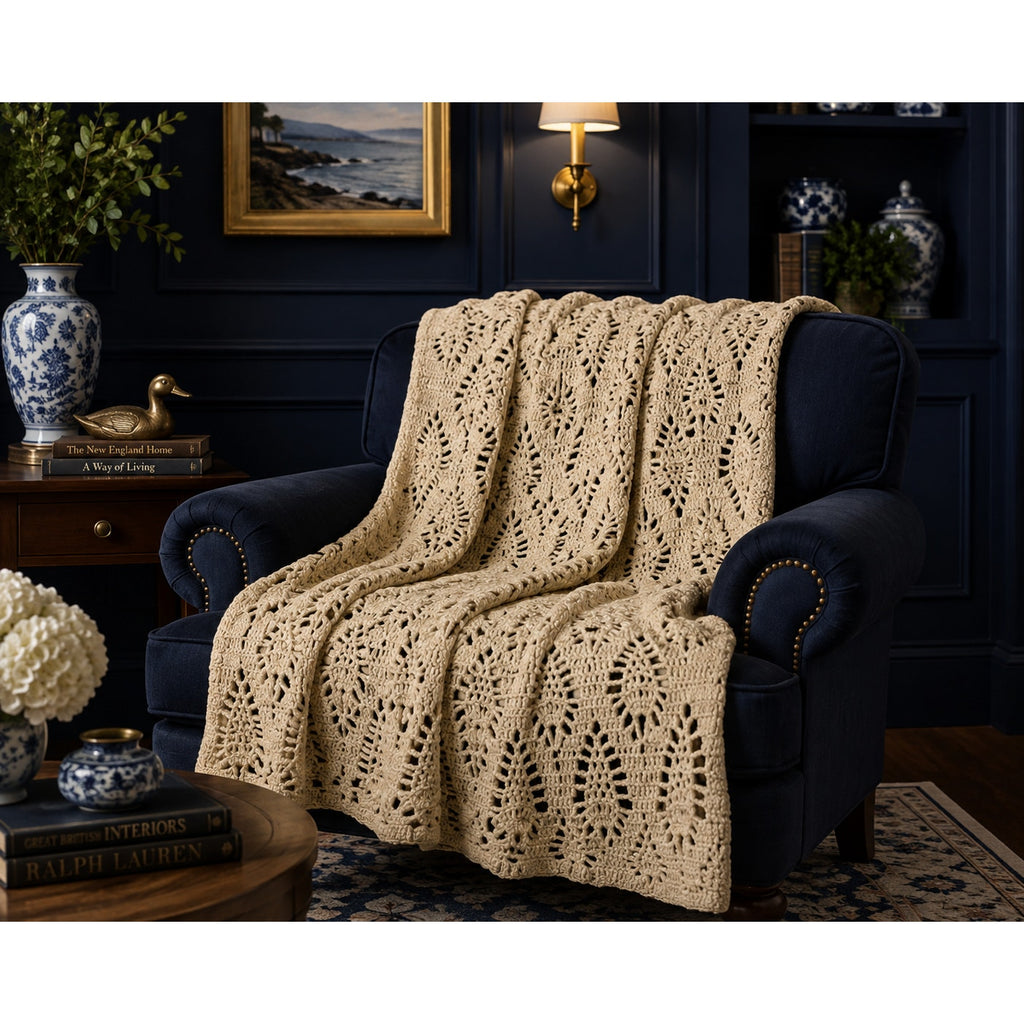 Handmade Crochet Afghan Taupe Pineapple Lace Throw Blanket 46 x 60 – main view