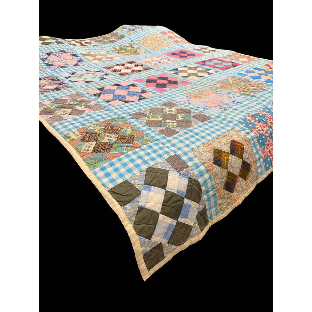 Vintage Hand Quilted 20-Piece Nine Patch Quilt Blue Gingham 66 x 77 – additional view 3