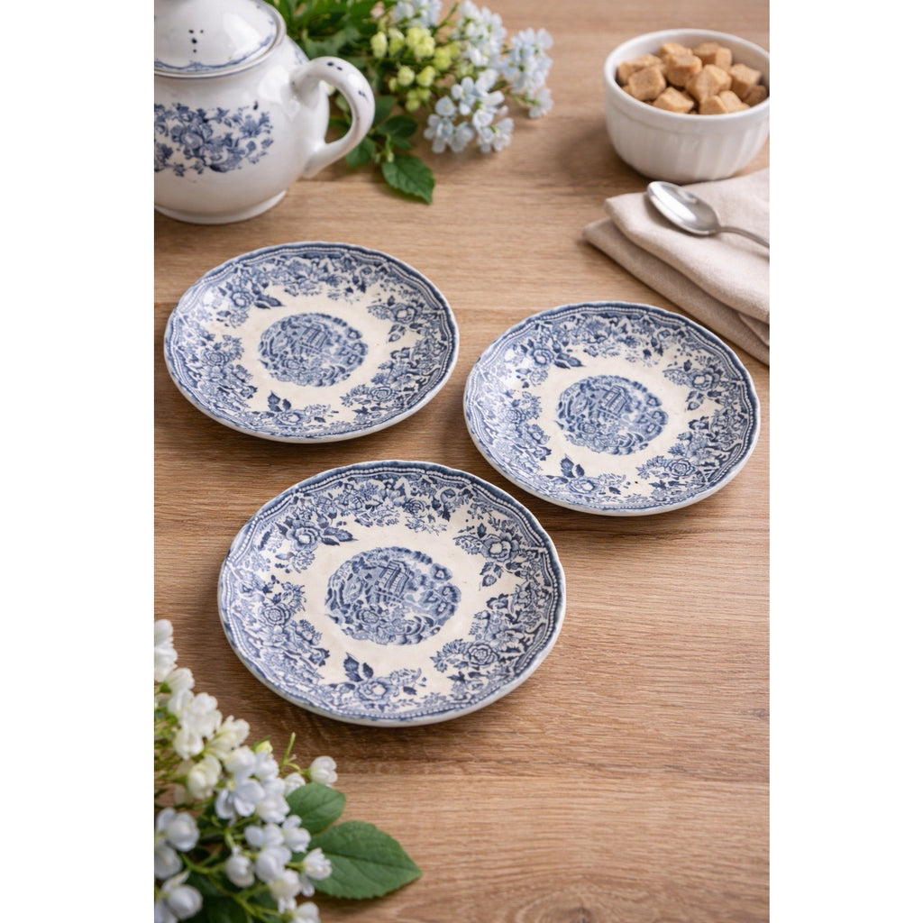 Set of 3 Churchill England Blue White Transferware Cup Saucer Scalloped Floral