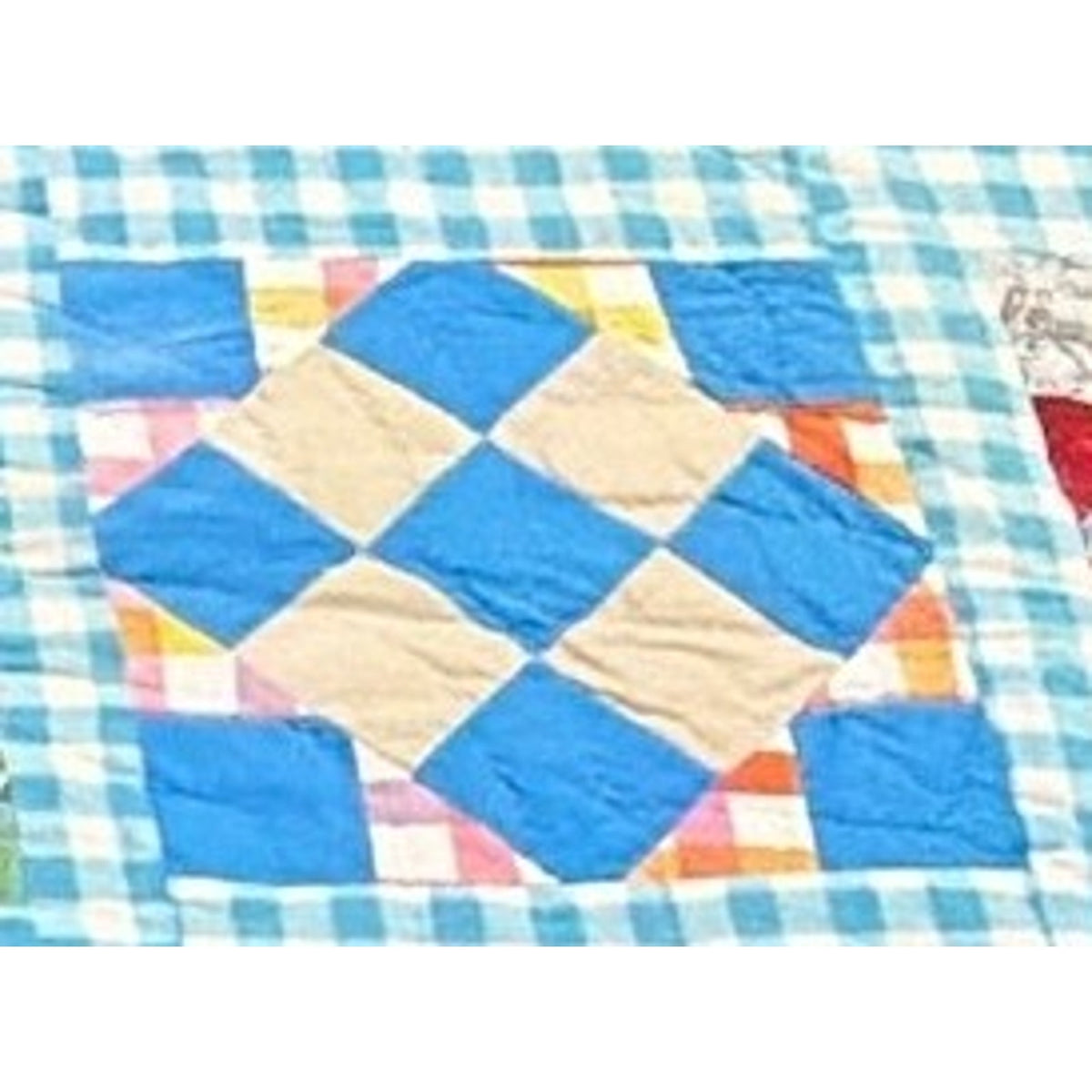 Vintage Hand Quilted 20-Piece Nine Patch Quilt Blue Gingham 66 x 77 – additional view 7