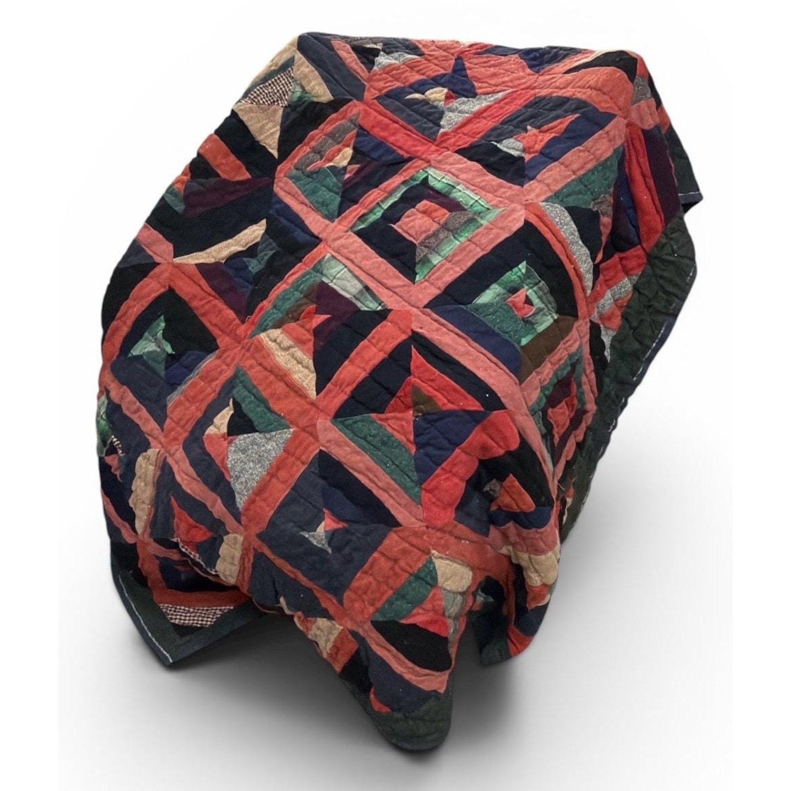 Antique Hand Pieced Wool Quilt: Primitive Folk Art Textile, Flannel Backing (77x64)