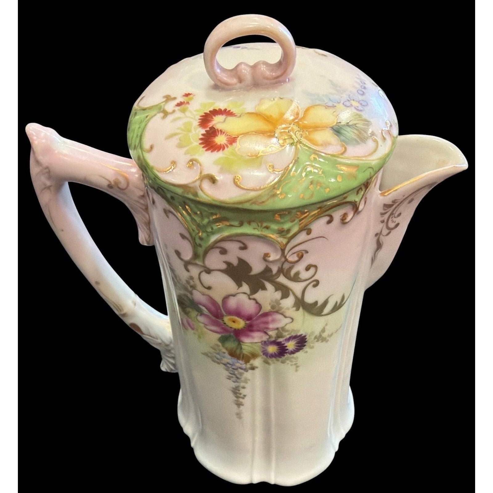 Antique Art Nouveau Chocolate Pot Hand Painted Porcelain Floral Gold Gilt 1900s