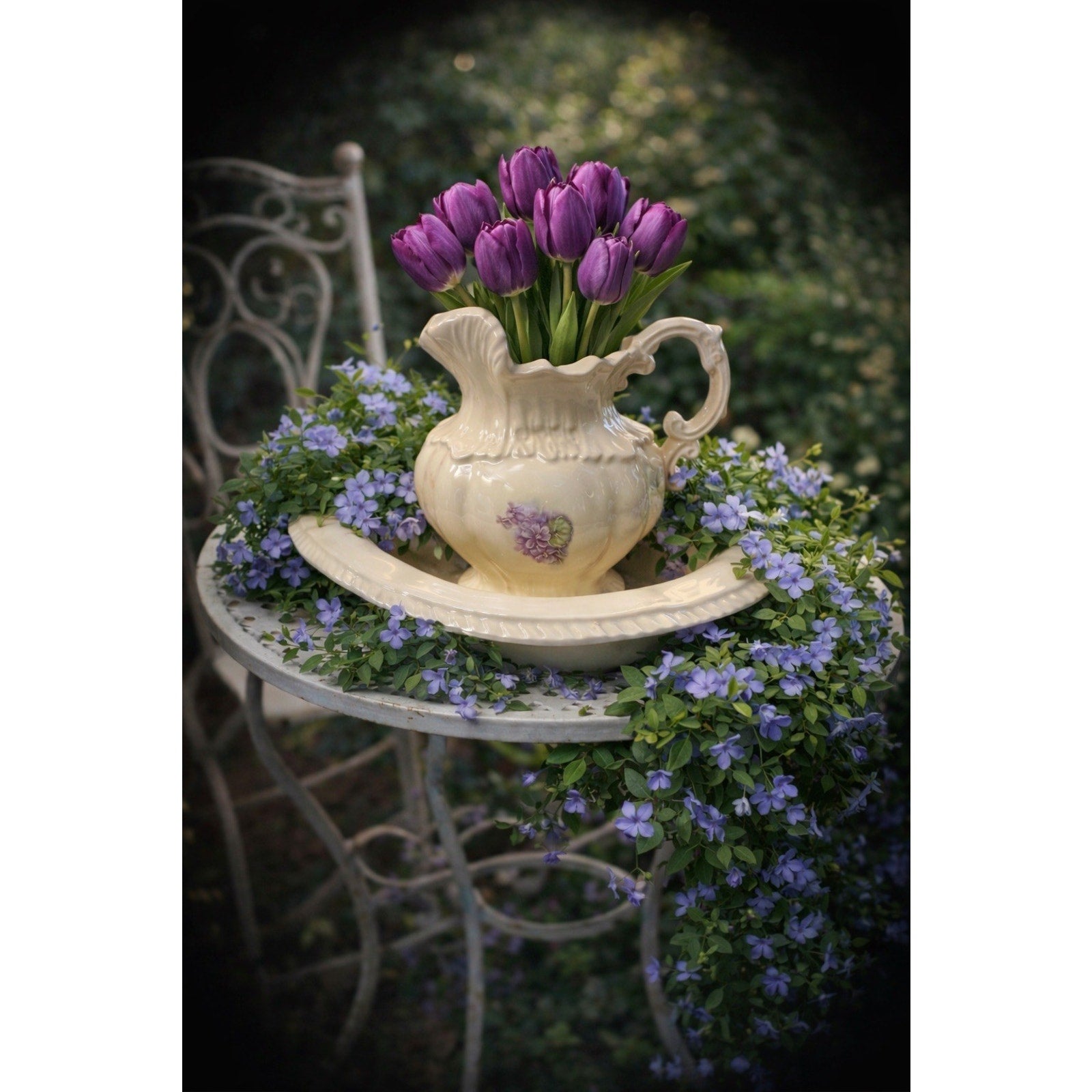 Vintage Arnel’s Pitcher and Basin Set Ivory Purple Floral USA Cottage Decor
