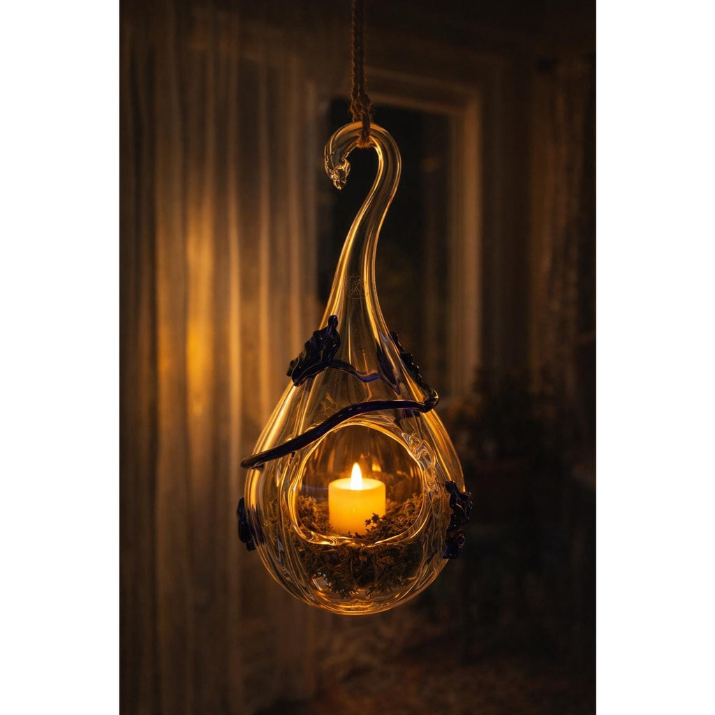 Hand Blown Glass Hanging Terrarium Blue Art Glass Planter Lantern 18”