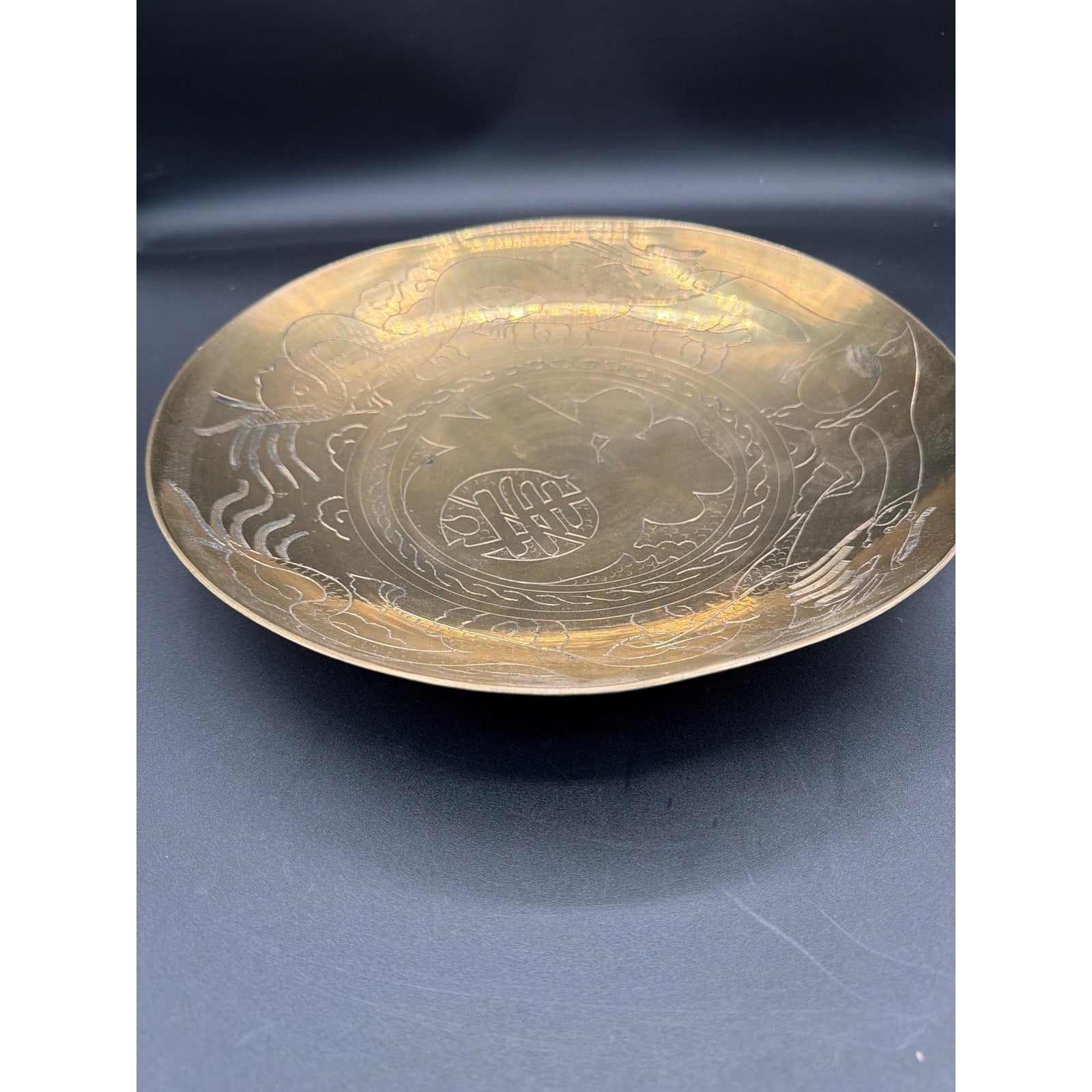 Vintage Brass Dragon Bowl 12 Asian Engraved Brass Charger Decor