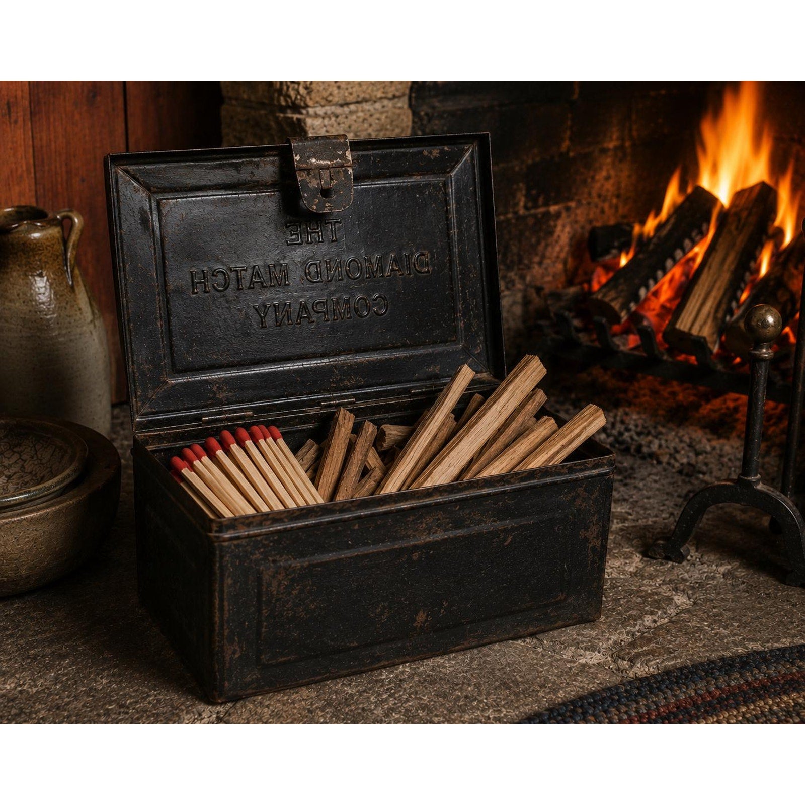 Antique Diamond Match Company Tin Box: Primitive Fireplace Storage Container