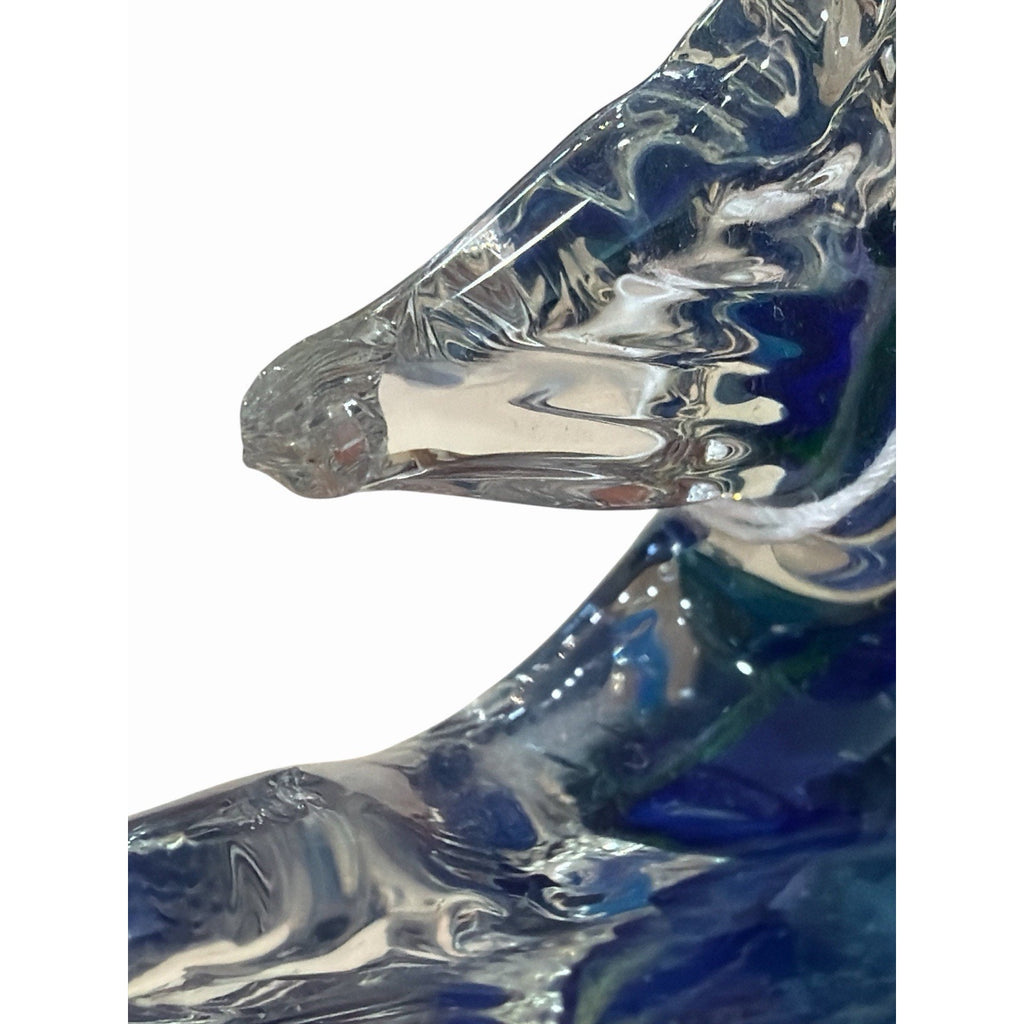 Hand Blown Art Glass Fish Paperweight Blue Swirl Clear Nautical Coastal Decor 7”