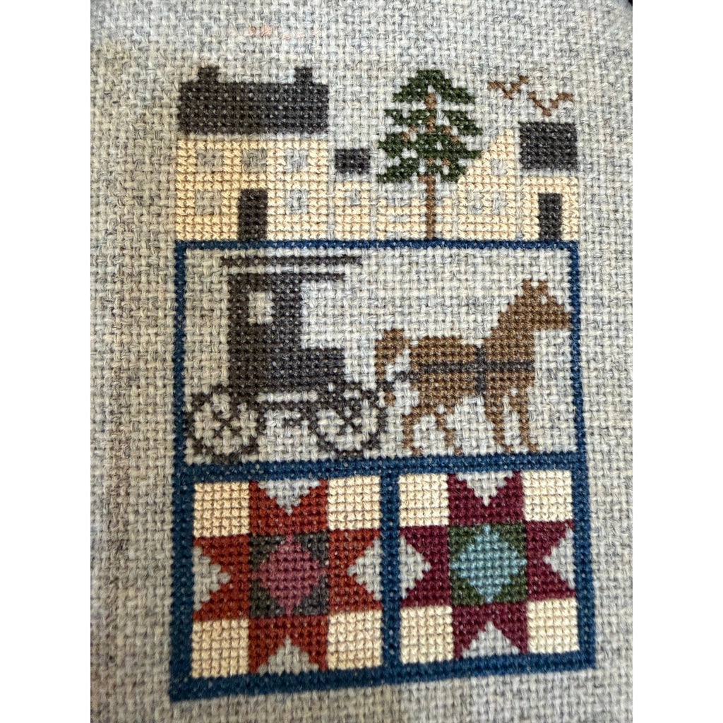 Vintage Primitive Cross Stitch Horse Carriage Quilt Sampler Framed Folk Art – additional view 5