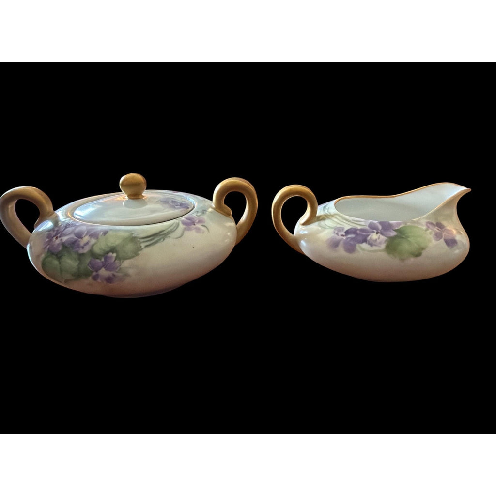 Vintage Bavaria Sugar Bowl Creamer Set: Violet Floral, Gold Handles