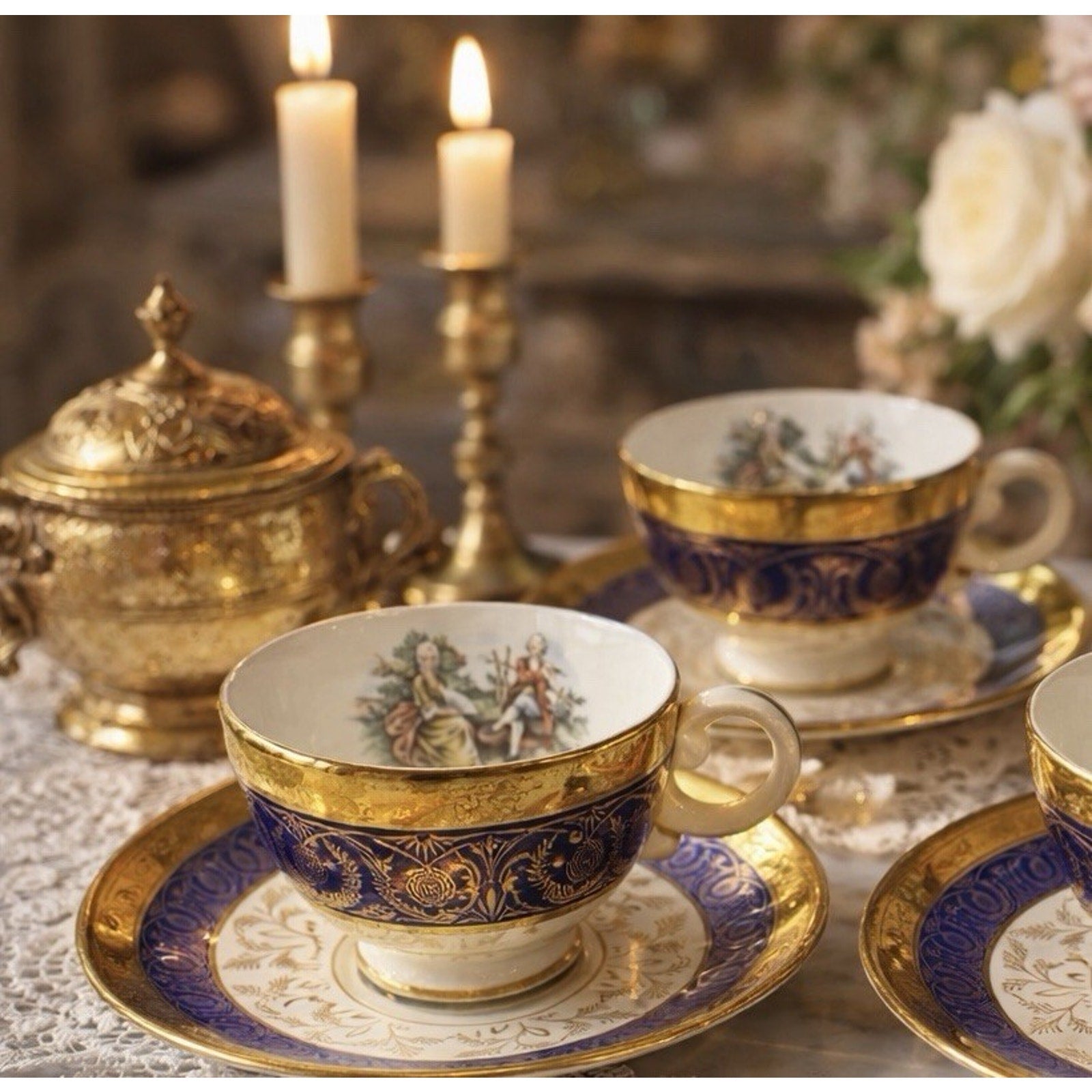 Vintage Bromley Teacups & Saucers Pair 22K Gold Taylor Smith & Taylor