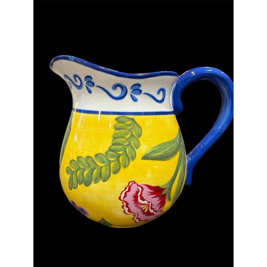 Saporma Italy Hand Painted Ceramic Pitcher Tuscan Floral Vase Yellow Blue