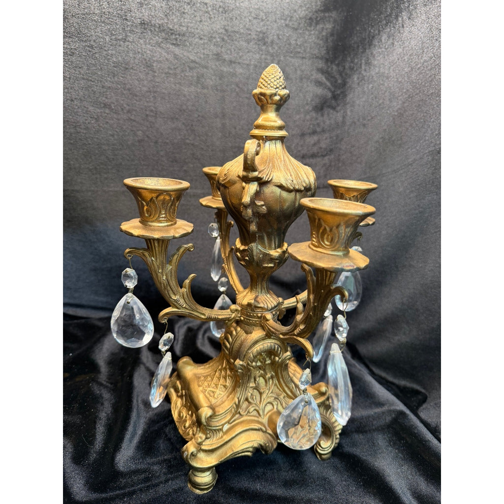 Vintage Gold Tone Crystal Prism 4 Light Candelabra Taper Candle Holder