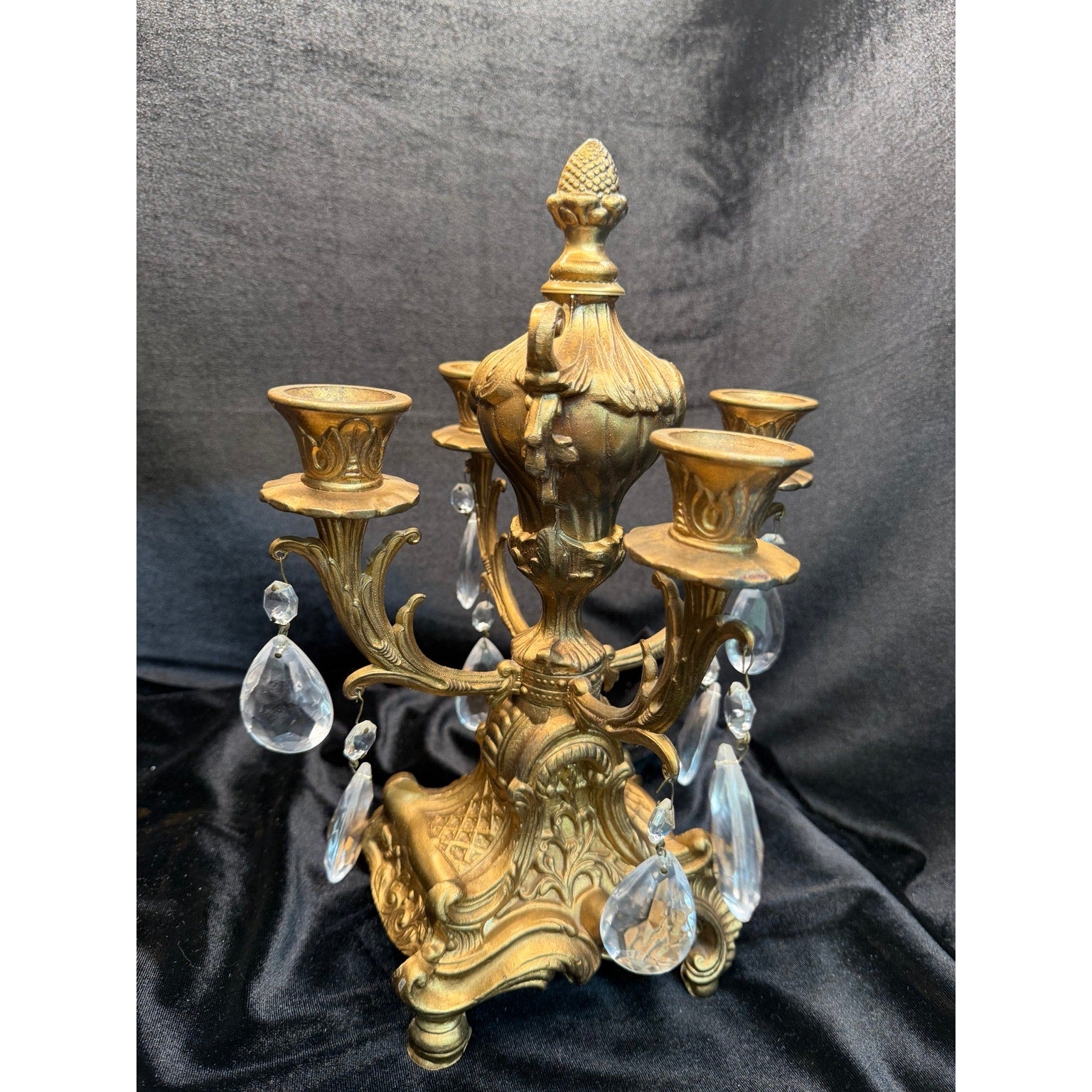 Vintage Gold Tone Crystal Prism 4 Light Candelabra Taper Candle Holder