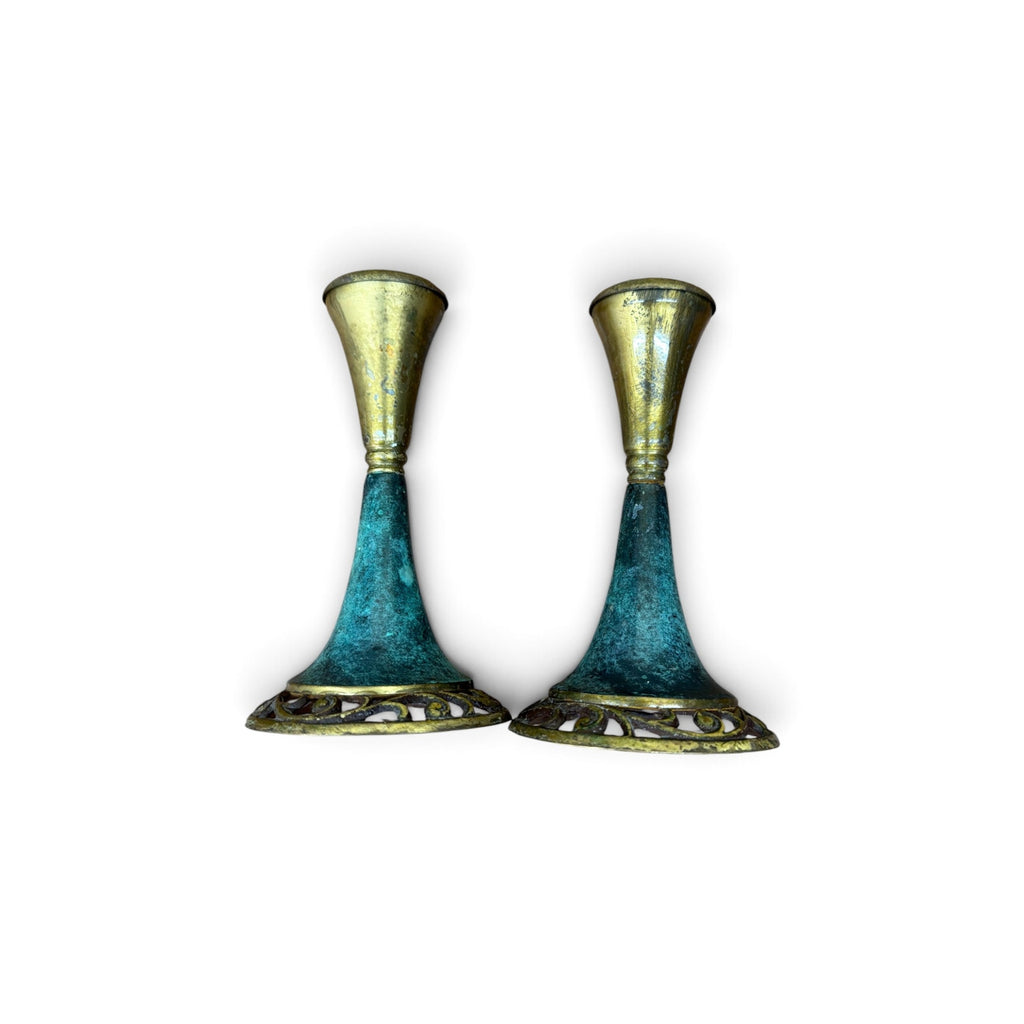 Vintage Oppenheim Israel Brass Candlesticks Turquoise Enamel Judaica Pair