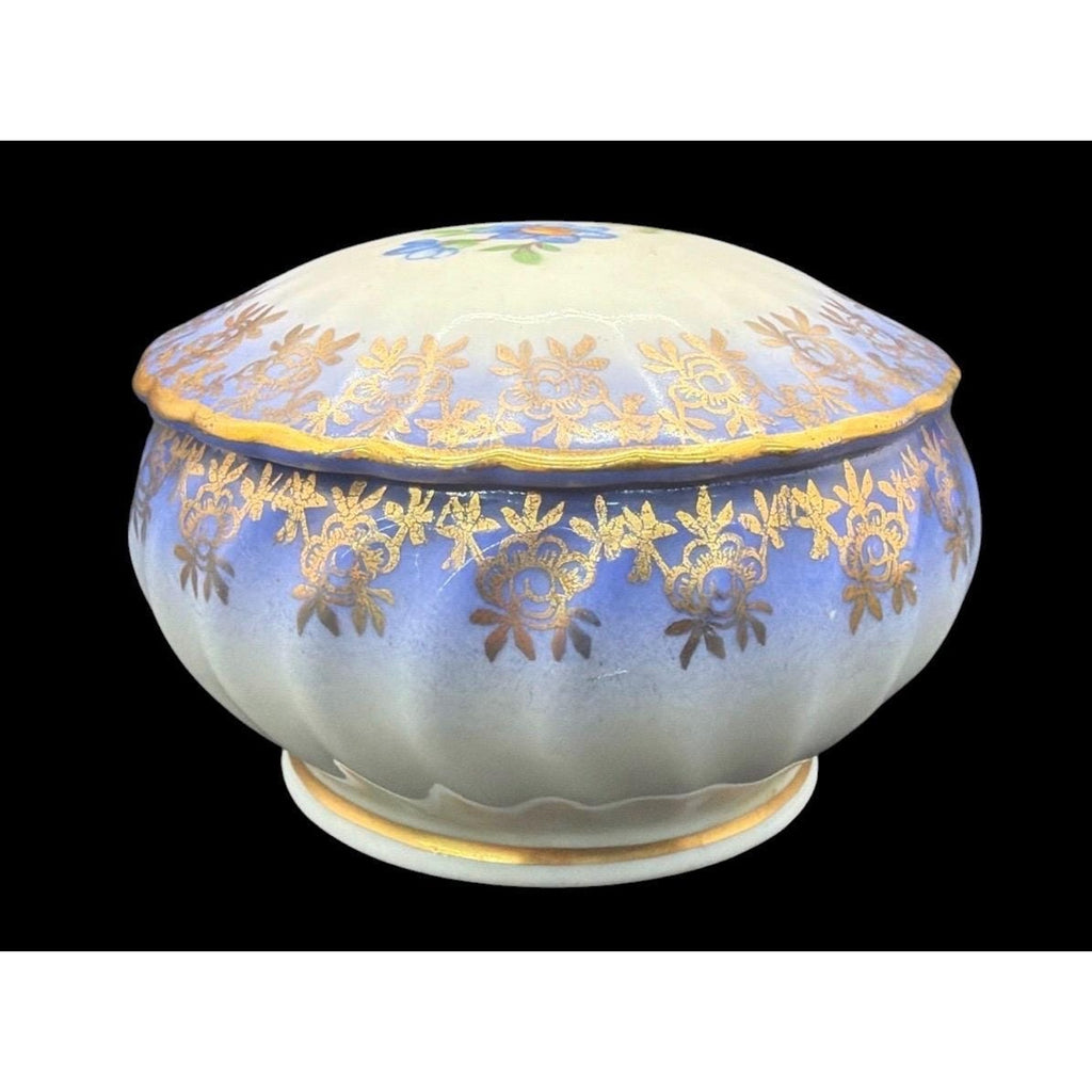Vintage Blue Porcelain Trinket Box: Gold Gilt Floral Vanity Keepsake – additional view 4