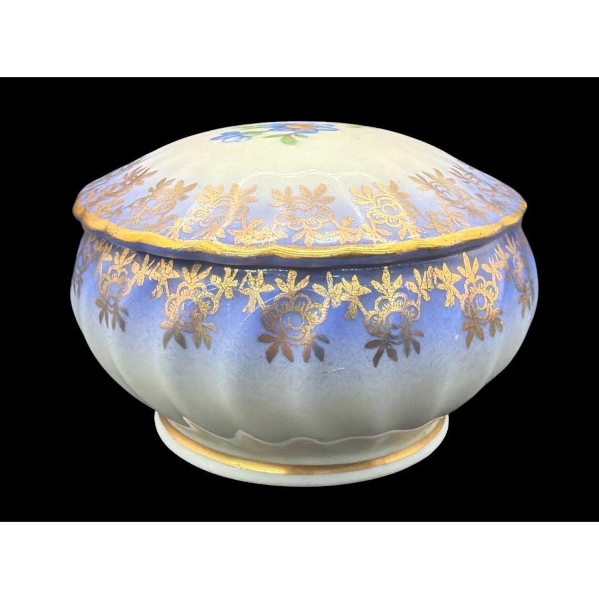 Vintage Blue Porcelain Trinket Box: Gold Gilt Floral Vanity Keepsake – additional view 4