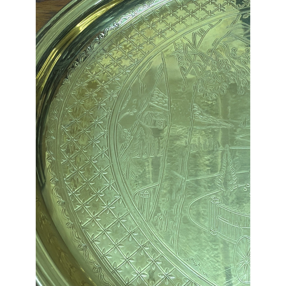 Vintage Currier & Ives Gold Tone Oval Tray The Season of Blossoms 16 Inch