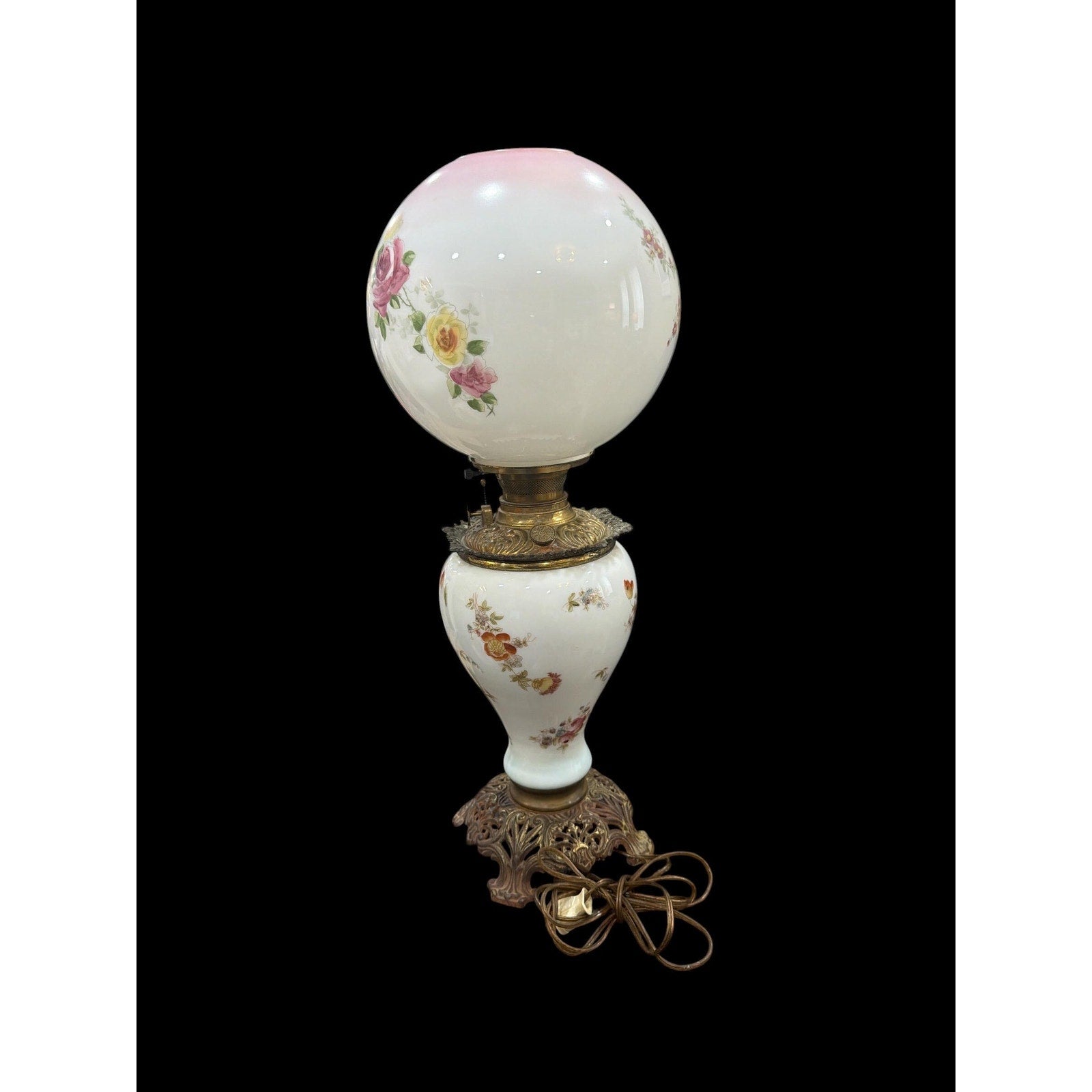 Antique Gone With The Wind Lamp, Hand Painted Roses