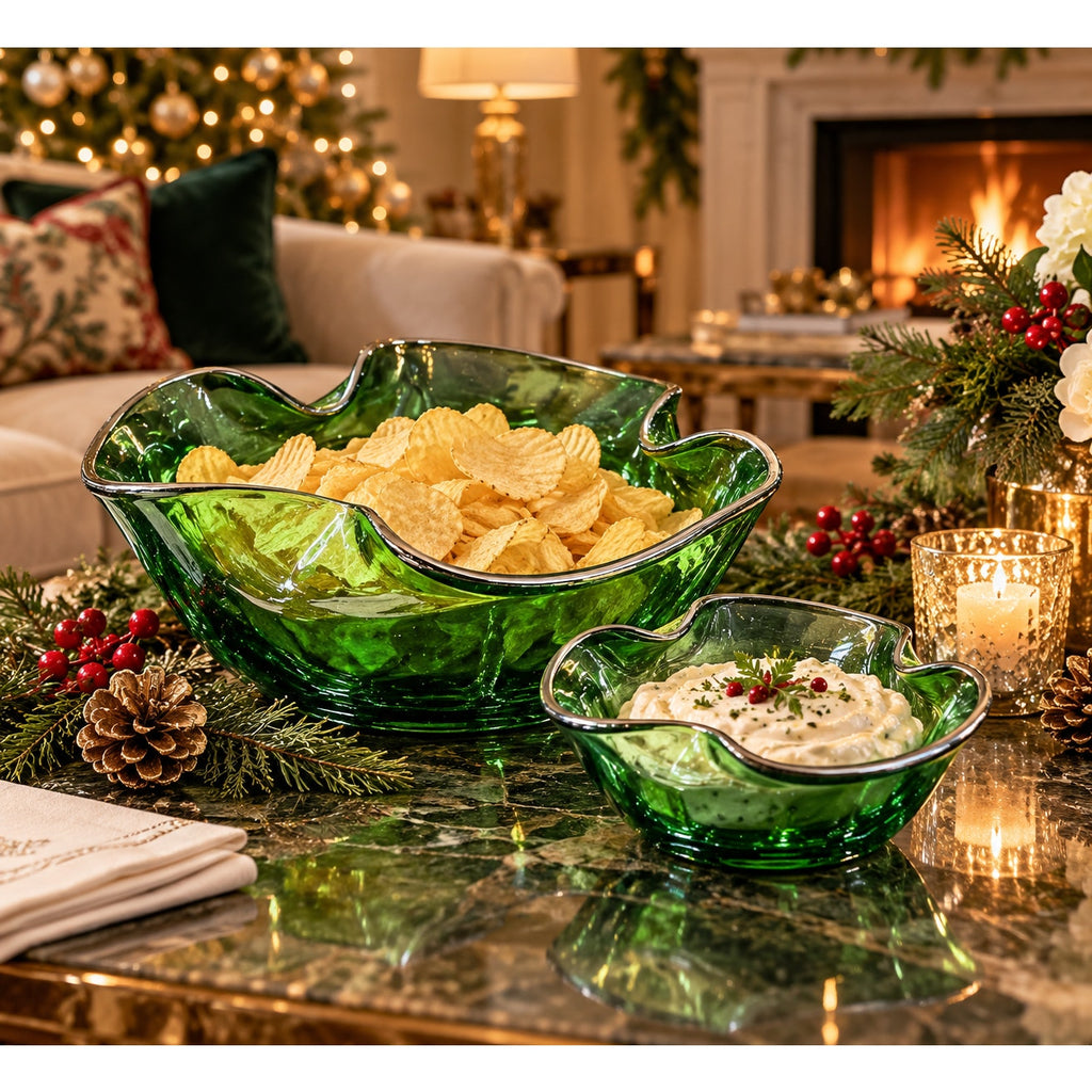 Vintage Emerald Green Glass Chip and Dip Set Ruffled Bowls Christmas Serving