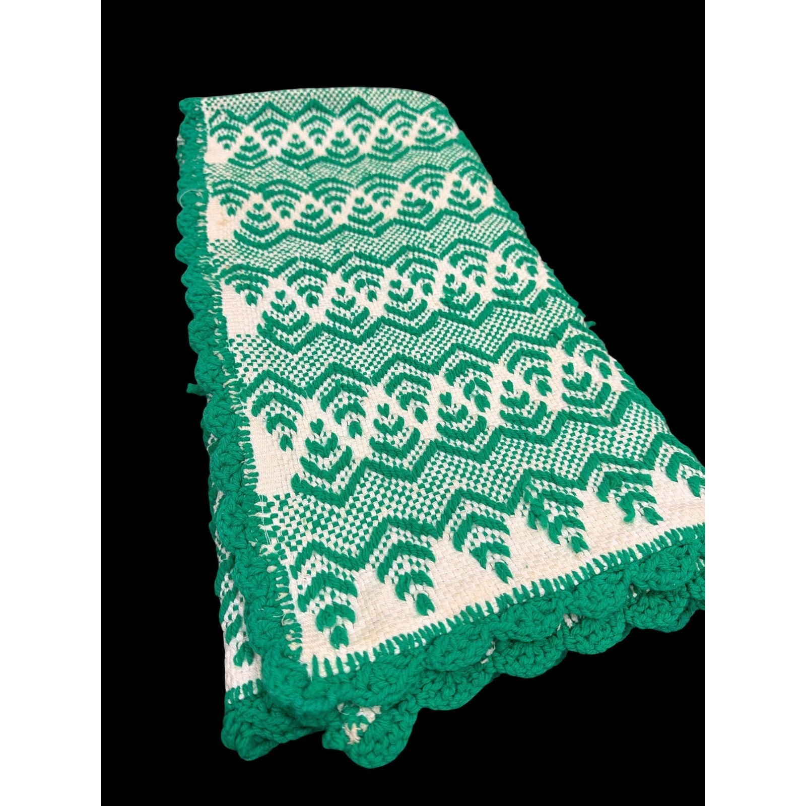 Vintage Handwoven Green White Coverlet Throw Blanket 65x65 Handmade Woven Textile Farmhouse Cottage Christmas Decor