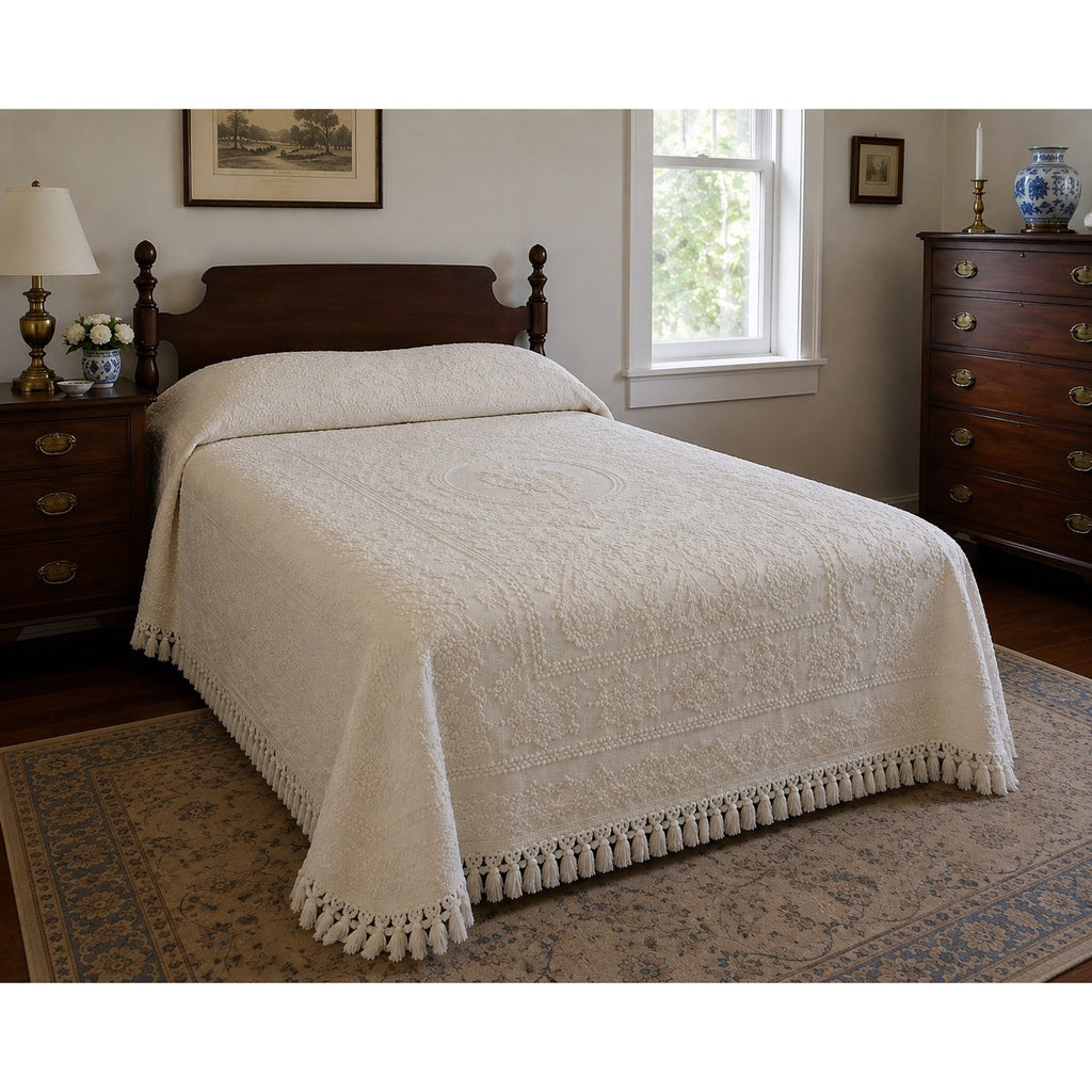 Vintage Ivory Candlewick Bedspread Tufted Cotton Fringe 76 x 106 – main view