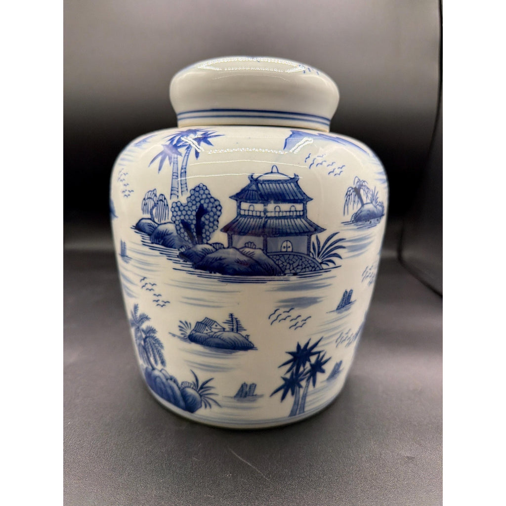 Large Vintage Blue White Chinoiserie Ginger Jar – 10 Landscape Vase